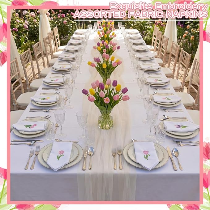 HunnmingRe 12 Pcs Spring Floral Cloth Napkins 100% Cotton Pink Tulip Dinner Tea Party Napkins Embroidered Handtowel Country French Reusable Washable for Dinner Kitchen Weddings Cocktail 17x17inch