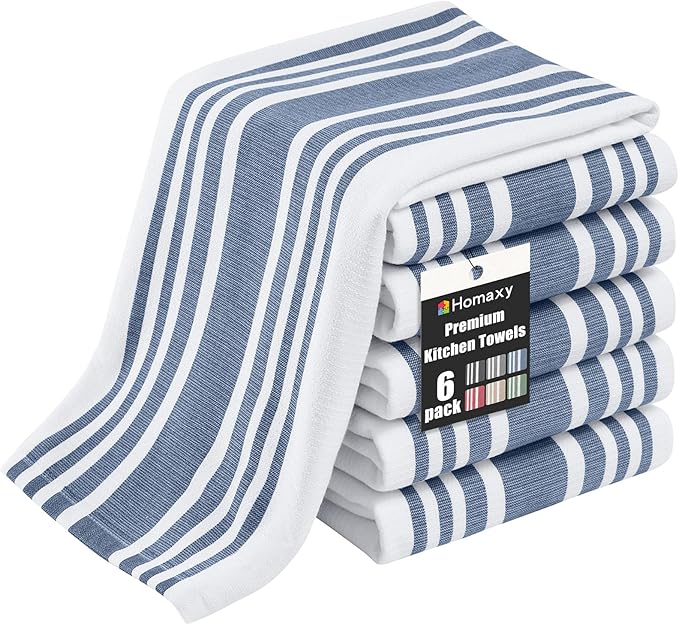 Homaxy Premium Kitchen Towels 18”x 28”, Large Cotton 380 GSM Kitchen Hand Towels, Stripe and Terry Dish Towel, Highly Absorbent Tea Towel Set with Hanging Loop, 6 Pack, Navy Blue