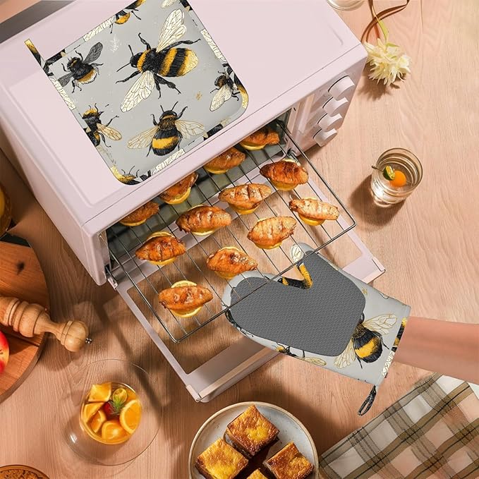 Happy Busy Bees Oven Mitts and Pot Holders Sets Non-Slip Silicone Surface for BBQ Gloves,Kitchen,Cooking,Baking,Grilling