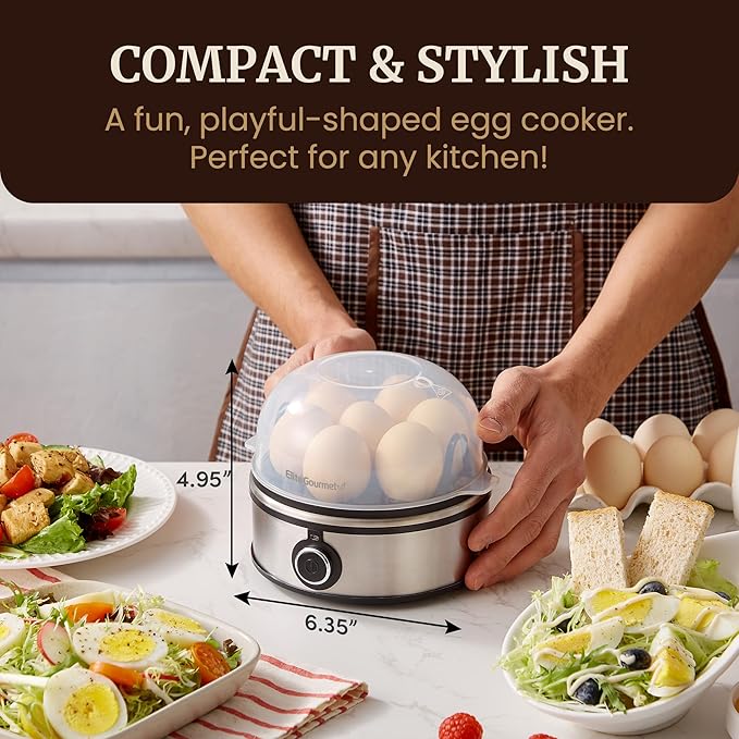 Elite Gourmet EGC855SS Easy Egg Cooker, 7-Egg Capacity, Soft, Medium, Hard-Boiled, Omelets, Poached Eggs, Plays Melody when Done, Auto Shut-Off, Measuring Cup, Stainless Steel