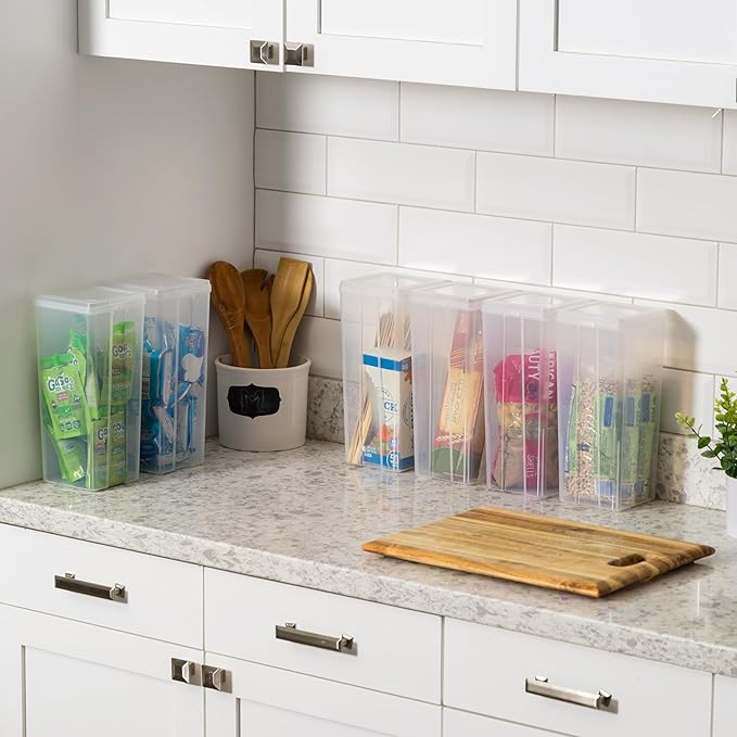 IRIS USA Vertical Plastic Flip Top Storage Containers Bins with Lids for Pantry, Home, Office, Organization, Large, Stackable Hinged Organizer with Latches, Clear, 4 Pack