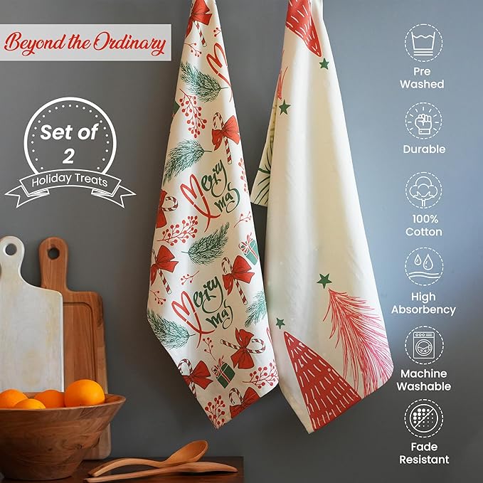 The Fine Living Co. 100% Cotton Merry Christmas Kitchen Towels, 18'x28' Set of 2 (Cherry Red & Green)
