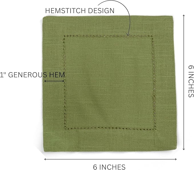 FINGERCRAFT Cocktail Napkins 6 x 6 Inch Premium Quality Cotton, Generous Hemstitch and Mitered Corner Set of 12 Coaster Cloth Olive Green