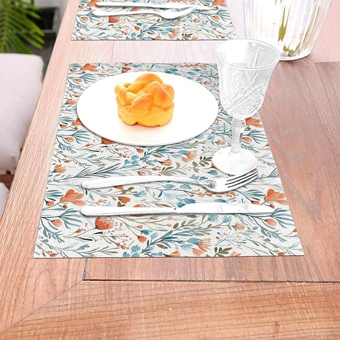 Boho Teal Orange Floral Linen Placemats Set of 4, 12x18 Inch Burnt Orange and Blue Watercolor Flower Table Mats, Non-Slip Heat Resistant Dining Mats for Kitchen Party Wedding, Spring Easter Home Decor