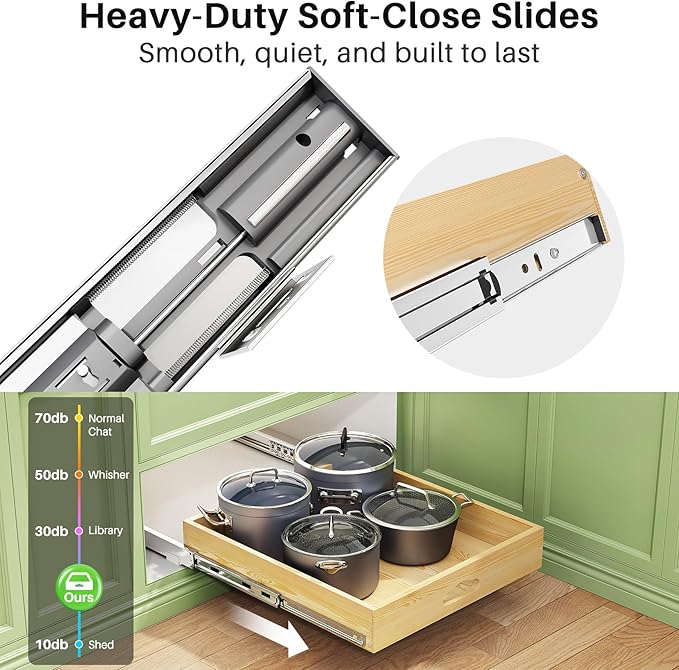 Pull Out Cabinet Organizer, Soft Close Wooden Slide Out Drawers for Pots and Pans, Full-extension Roll Out Shelves for Kitchen Cabinets, Pantry Organization, Bottom & Side Mount( 12"W X 21"D x 3.4''H)