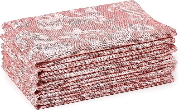 Encasa XO Red Cloth Napkins Set of 6, 18x18 in | Floral Jacquard Homespun Cotton Dinner Napkins | Washable & Reusable Wedding Napkins for Holiday Dining, Parties, & Everyday Table Décor