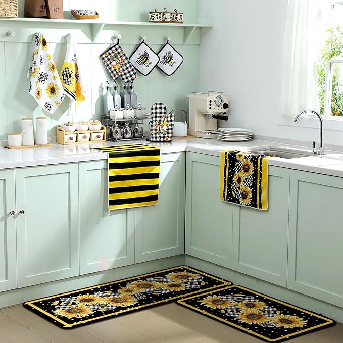 Fourluoo 10 Pcs Bee Kitchen Decor Sunflower Oven Mitts and Pot Holders Set Yellow Bee Dish Towels Rugs Mats Buffalo Plaid Kitchen Accessories for Chef Baking Cooking Grilling BBQ Women Home Gift
