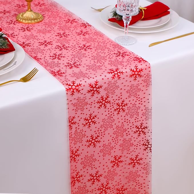 Snowkingdom 2 Pcs Christmas Red Snowflake Table Runner 108 Inch Sparkly Red Foil Glitter Metallic Mesh Runners Dining Kitchen Table Decorations for Seasonal Winter Xmas Festival Holiday Home Party