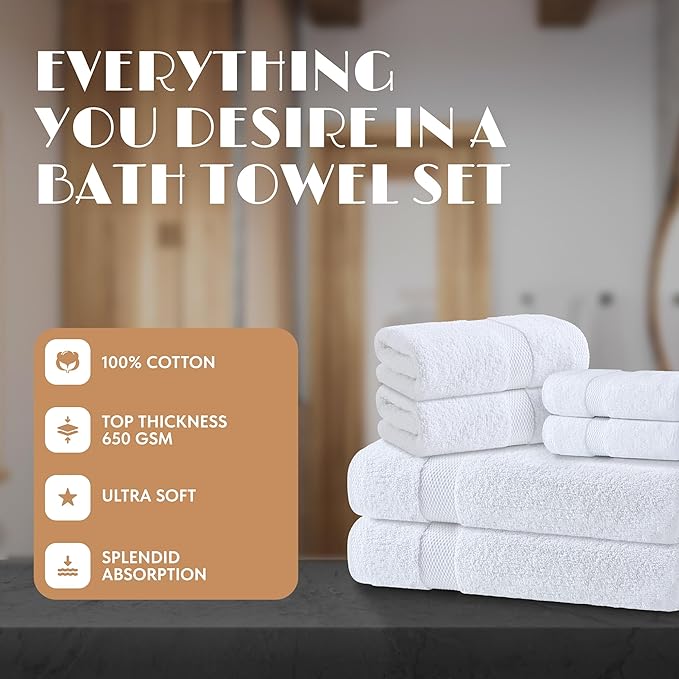 White Bath Towel Set of 6 - 100% Cotton Highly Absorbent Towels for Bathroom, 2 Luxury Bath Towels 650GSM, 2 Hand Towels, 2 Washcloths