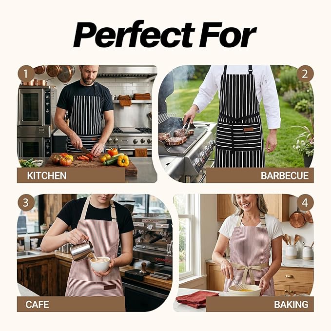 2Pack Adjustable Kitchen Apron for Women Men with 2 Pockets，Cotton-Polyester Blend Bib Aprons for Cooking,Baking