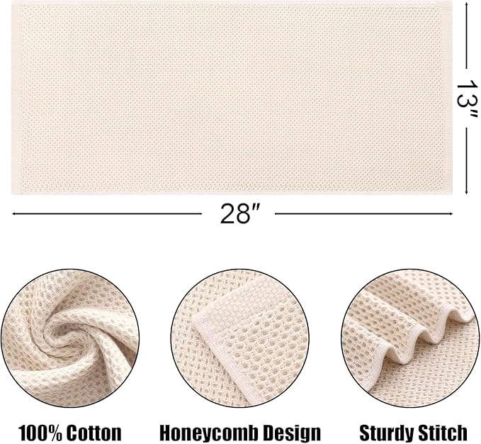 Kitinjoy 100% Cotton Waffle Weave Kitchen Hand Towels (13 X 28 Inches, Beige), 12-Pack Super Soft and Absorbent Dish Towel for Drying Dishes