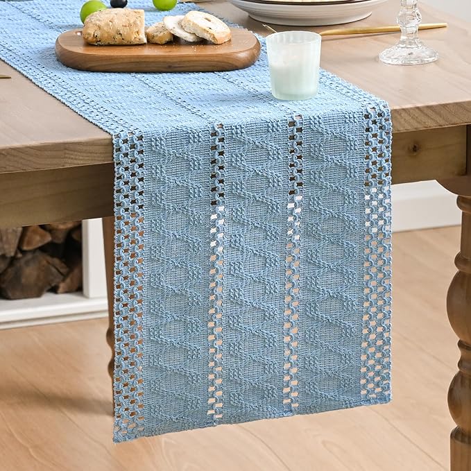 Artoid Mode Sky Blue Farmhouse Woven Rustic Hollow Table Runner, Seasonal Holiday Hollow Kitchen Dining Table Decoration for Home Party Decor 12x120 Inch