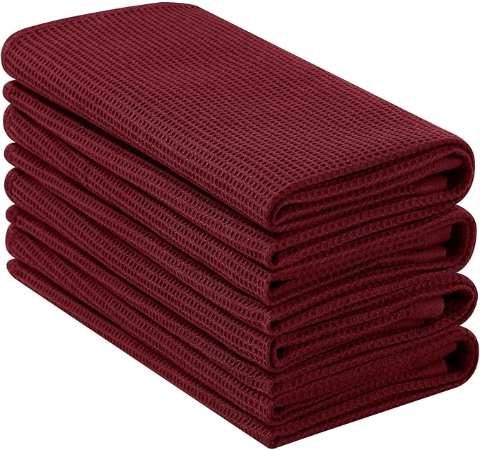 Homaxy 100% Cotton Waffle Weave Kitchen Towels - 4 Pack Soft and Absorbent Dish Towels - 16 x 26 Inches Quick Dry Hand Towels - Burgundy