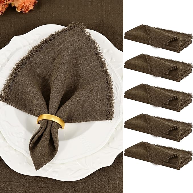 Showgeous 10 Pack Brown Cloth Napkins with Fringe 16x16 inch 100% Cotton Brown Napkins Handmade Dinner Napkins Bulk Washable Soft Rustic Table Napkins for Wedding Parties Bridal Baby Shower