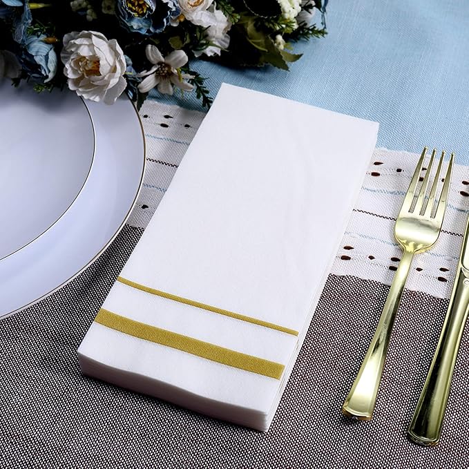 FOCUSLINE 200 Linen Feel Disposable Bathroom Napkins, Soft and Absorbent Paper Guest Towels, Cloth-Like Hand Towels Decorative Paper Napkins for Parties, Weddings, Dinners or Events, Gold, 12" x 17"