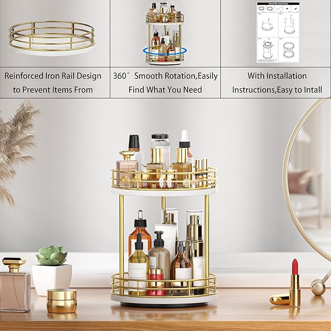 Bathroom Organizer Countertop,2 Tier Rotating Makeup Organizer Countertop for Vanity,Wooden Bathroom Counter Storage Shelf,Lazy Susan Turntable for Perfume,Skincare,Cosmetic (White-Gold)