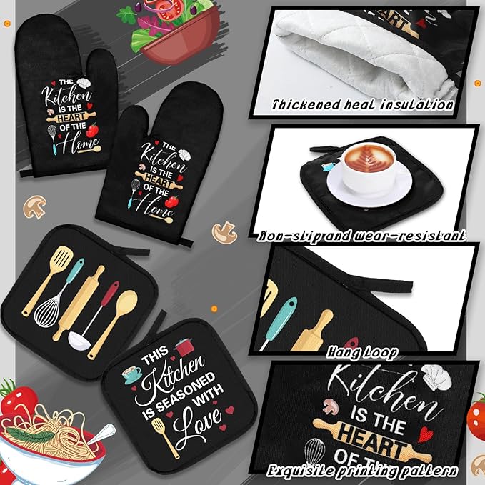 12 Pcs Farmhouse Kitchen Decoration Set 4 Funny Quote Black Kitchen Towels 4 Absorbent Dishcloths 2 Pot Holders 2 Oven Mitts Gloves for Home Decorations Mom Gifts