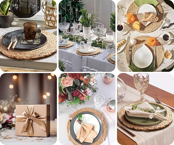Aofmee 12 inch Round Woven Placemats Set of 6, Boho Rattan Place Mats, Natural Water Hyacinth Table Placemats, Farmhouse Weave Table Mats, Rustic Braided Wicker Charger Plates for Dining Table Decor
