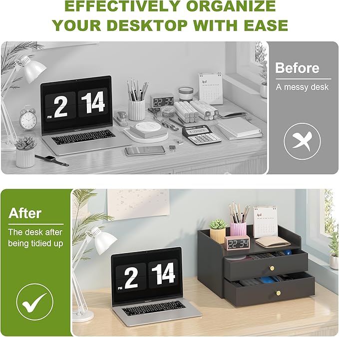 Bamboo Desk Organizer with Drawers Wooden Desktop Storage Drawers for Bills Office Supplies Kitchen Utensils Organizing Tool for Home Classroom Organization No Assembly (Black, 2 Drawers)