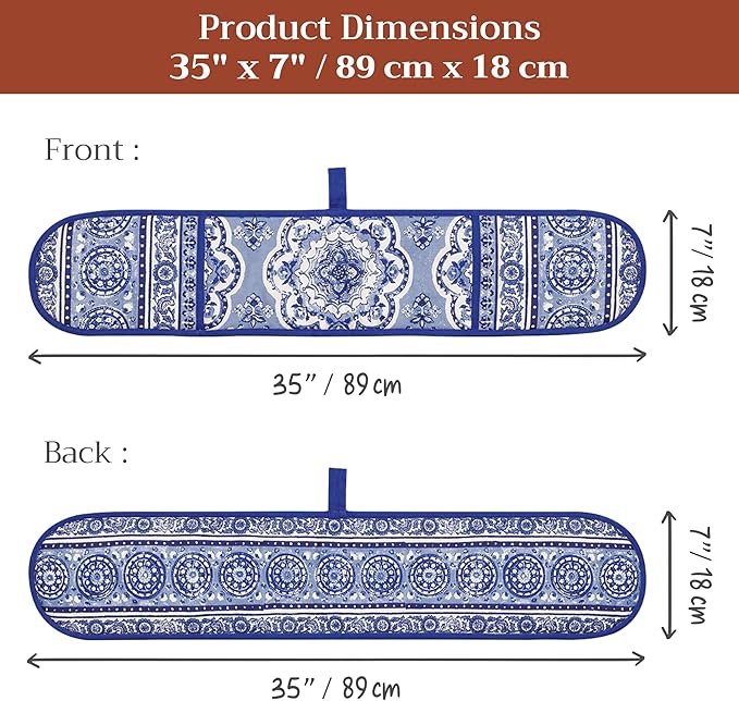 Maison d' Hermine Double Oven Mitts 100% Cotton 7"x35" Double Oven Mitt Heat Resistant BBQ Cooking Gloves with Loop Baking Grilling Gifts for Mothers Day Spring Summer (Melodie Bleue)