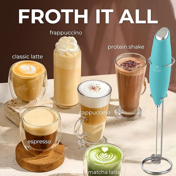 Zulay Kitchen Patented Tornado Triple Whisk Milk Frother with 4 Duracell Batteries – Handheld Foam Maker for Coffee, Lattes, Matcha & Hot Chocolate – Rich, Creamy Froth in Seconds - Turquoise