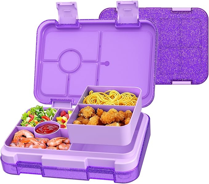 Bento Lunch Box for Kids, 6 Compartments BPA Free, Dishwasher Safe Back to School Snack Bento Lunch Containers Boxes, Ideal Portion Sizes for On-the-Go Meal, Shiny Purple