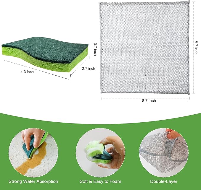 Non Scratch Scrub Sponge and Wire Dishwashing Rag Combo, 12+12 Pack, Dish Sponges and Multipurpose Wire Dishcloths for Kitchen Cleaning, Dish Washing, and Household Scrubbing