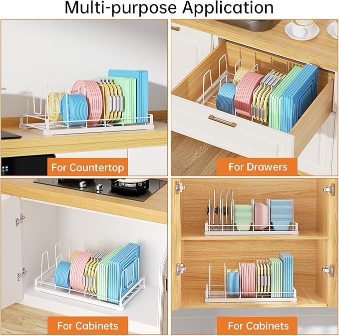 Food Container Lid Organizer, 6 Removable Adjustable Dividers Metal Rack - Storage for Plastic Lids, Pots, Bakeware, Fit for Cabinets, Cupboards, Pantry, Drawers (White)