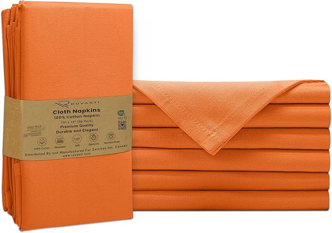 Ruvanti Cloth Napkins Set of 6, 100% Cotton High GSM 18x18 Inches Soft, Washable, Highly Durable & Absorbent, Perfect for Parties, Christmas, Thanksgiving Dinners – Orange Peel