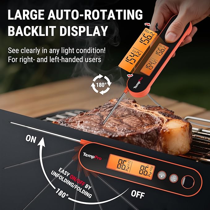 TempPro TP610W Rechargeable Instant Read Thermometer for Cooking, Stainless Steel Meat Thermometer Digital with Alarm, Waterproof Cooking Thermometer for Grill, Smoker, BBQ (Previously ThermoPro)