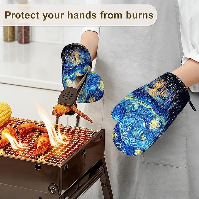 Starry Night Oven Mitts and Pot Holders Set of 4, Heat Resistant Non Slip Kitchen Gloves Hot Pads, Chef Cooking Baking Gifts for Women Bakers, Kitchen Gifts for Cooking Lover Cooks Mom