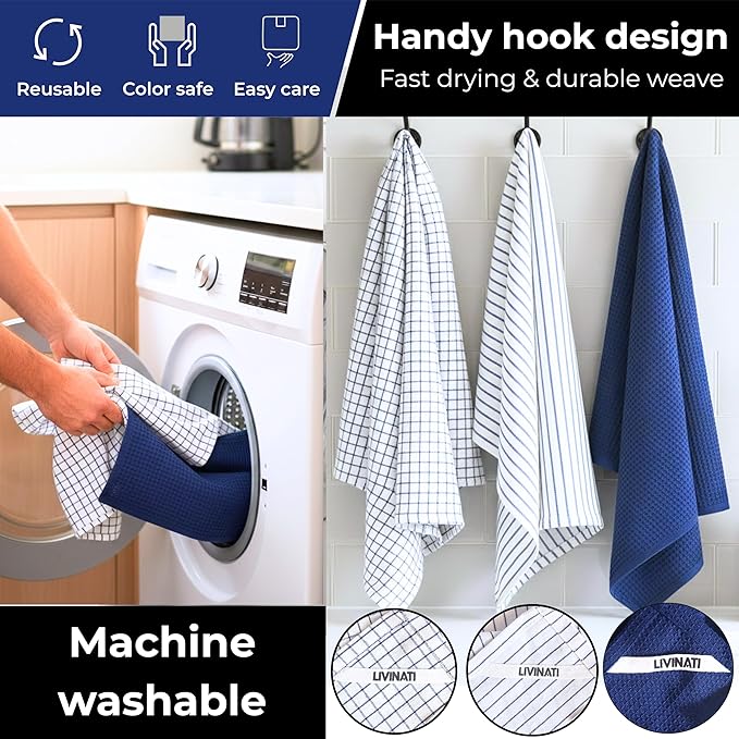 Highly Absorbent Cotton Kitchen Towels for Drying Dishes - Set of 6 Dish Towels - Narrow Navy Blue Stripes Plaid Waffle Dishtowels - 18"X28" Large Lint Free Linen Tea Hand Bulk T Towls