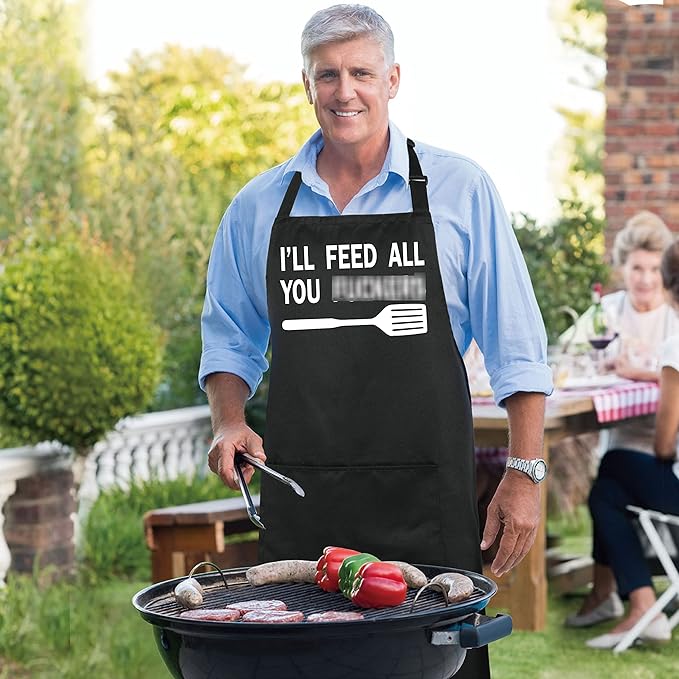 Xornis 100% Cotton Funny Apron with 2 Pockets for Men Women BBQ Grilling Adjustable Bib Black Aprons Gifts Cooking Kitchen