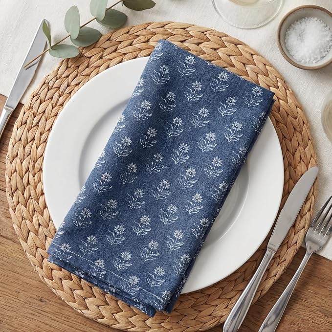Mindsoft Set of 12 Floral Cloth Napkins Linen Cloth Napkins Spring Flower Wildflowers Dinner Napkin 18 x 18 Inch Vintage Washable Reusable for Dinner Home Restaurant Wedding Decor(Navy Blue,12 Pcs)