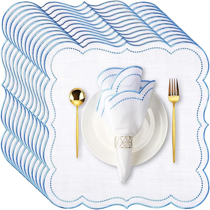 Hahafelt 12 Set Cloth Napkins 18x18inches Scalloped Embroidery Cloth Napkins Washable Polyester Table Dinner for Hotel Restaurant Weddings Events Parties (Blue)