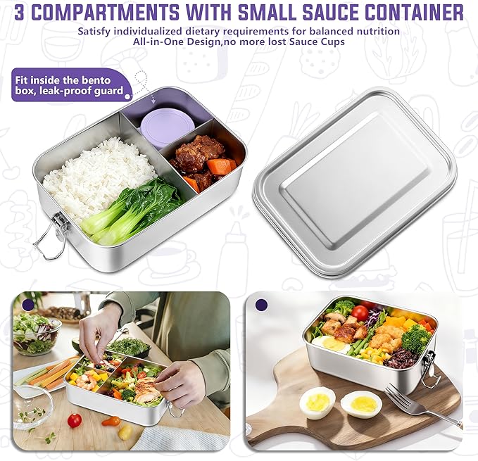 HaWare Lunch Box, 47oz (1400ml) Large Stainless Steel Bento Box with Condiment Container and Carrying Bag, 3 Compartment Food Container for Kids and Adults, Leak-Proof Metal Snack Box, Dishwasher Safe