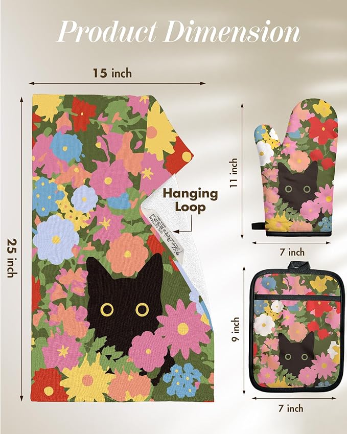 Miss Adola 270 GSM Cotton Kitchen Towels, Oven Mitt and Pot Holder - 4 Pack Kitchen Decor and Accessories Set Spring Cute Farmhouse Boho Quilted Lining Heat Resistant Set with Hanging Loop, Cat Flower