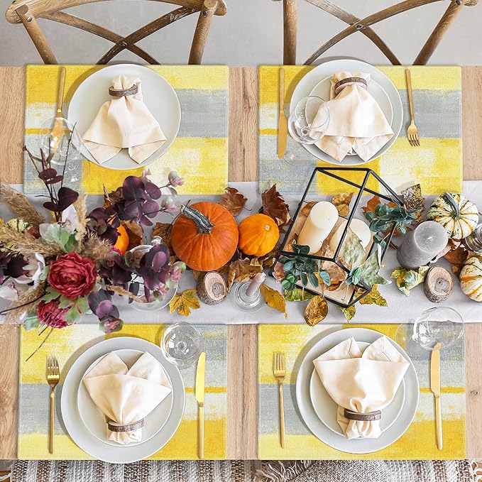 Emvency Farmhouse Placemats Set of 4, 12x18 Inch Modern Grey White and Yellow Art Painting Table Mats for Outdoor Home Party Kitchen Dining Decoration