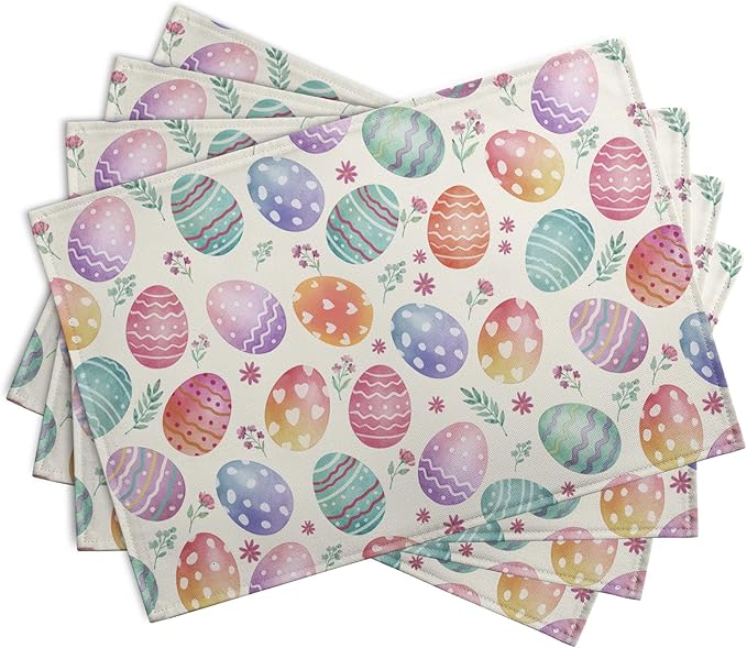 Easter Placemats Set of 4 Watercolor Colorful Eggs Floral Table Mats 12x18 Inch Spring Washable Heat Resistant Linen Fabric Place Mat for Indoor Outdoor Kitchen Dining Home