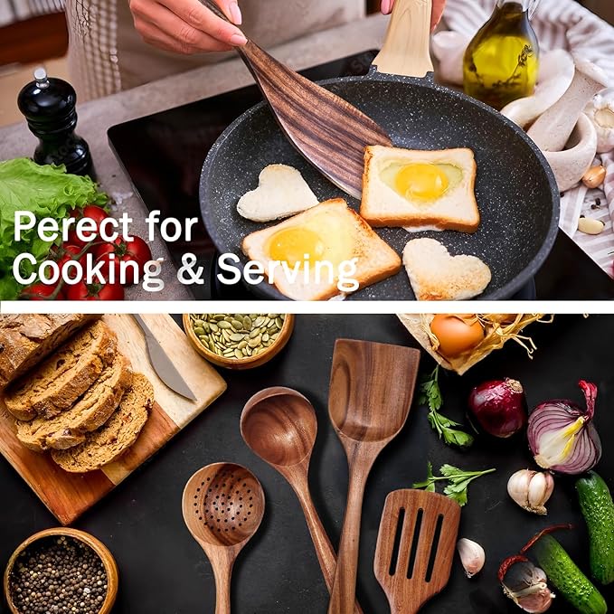 Wooden Spoons for Cooking 6 Piece, Natural Kitchen Utensils Spatula, Smooth Finish Wooden Cooking Utensils Spoons, Filter Spoon, Salad Fork