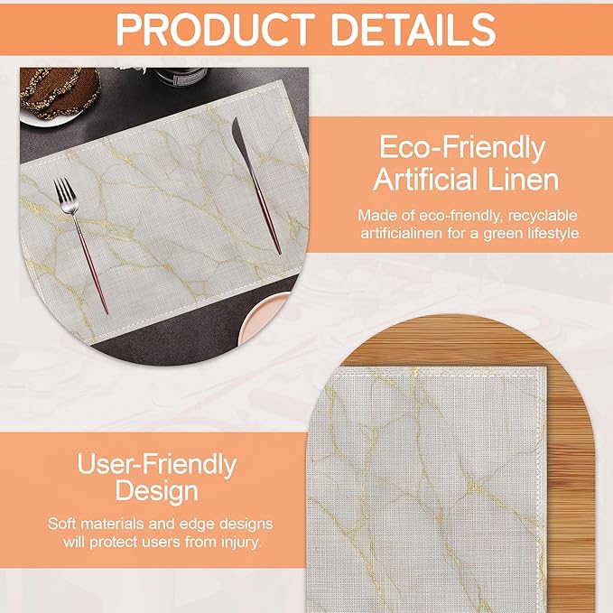 Marble Placemat Set of 6,White Gold Flowing Marble Heat Resistant Linen Table Mats for Indoor Outdoor Home Kitchen Dining Room Table 12x18Inch