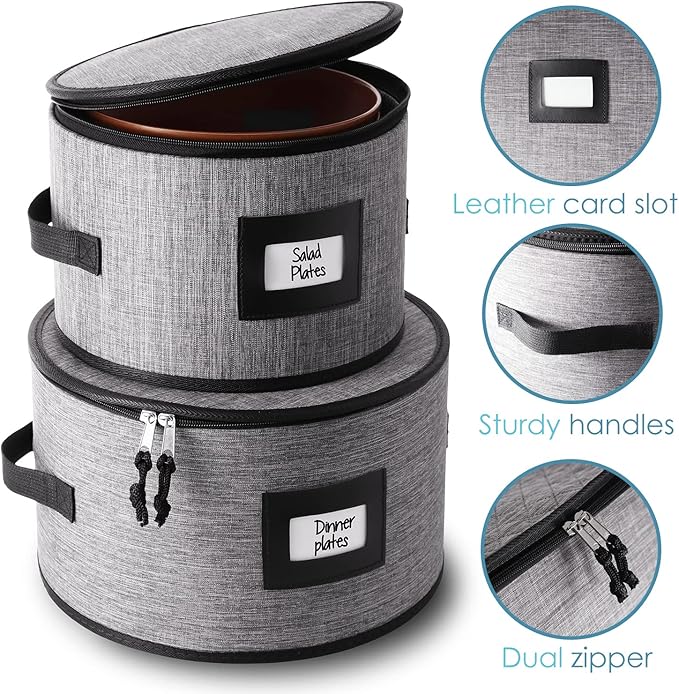 Hearth & Harbor Fine China Storage Containers, 6 Piece Dish Storage Containers, Stackable Plate Storage, Coffee Mug Storage and Wine Glass Storage Box with Dividers, Quilted Dish Organizers, Grey