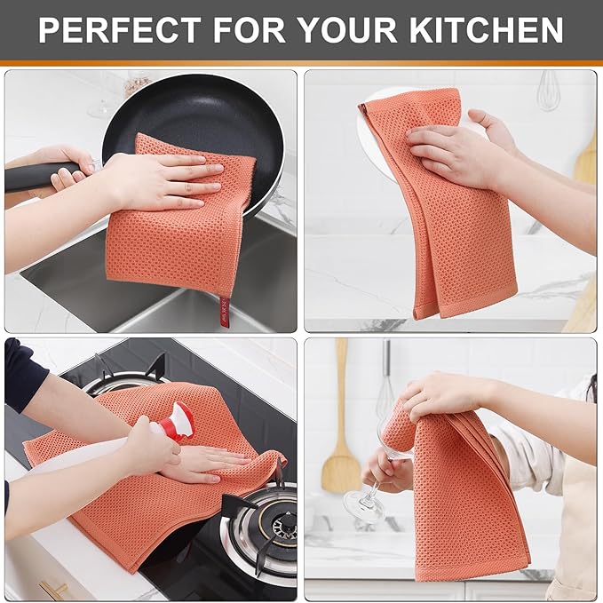 Kitinjoy 100% Cotton Waffle Weave Kitchen Hand Towels (13 X 28 Inches, Coral), 4-Pack Super Soft and Absorbent Dish Towel for Drying Dishes