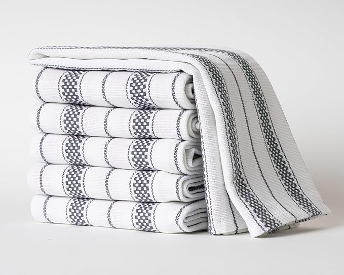 Kitchen Towels Set – Pack of 6 (20’’ x 30’’) Extra Large Premium Cotton Dish Towels for Kitchen – Chain Stripe Towels – Absorbent – 100% Cotton – with Hanging Loop – Dark Grey