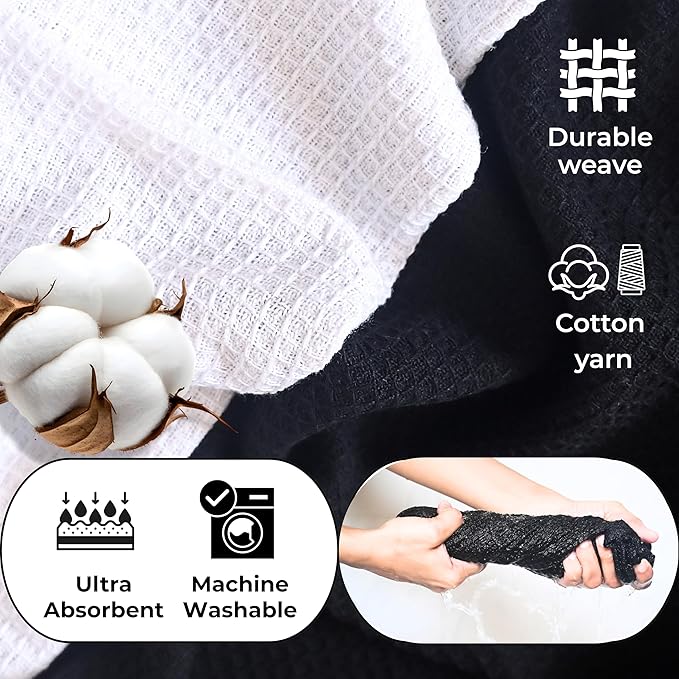 Highly Absorbent Cotton Dish Towels for Drying - Set of 3+3 - Black + White - 18"X28" Lint Free Waffle Weave Cloth Linen Hand Bathroom Bulk Dishtowels