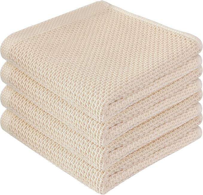 100% Cotton Waffle Weave Kitchen Towels, 4 Pack Dish Cloths for Washing Dishes, Ultra Soft Absorbent Dish Towels, Quick Drying Kitchen Rags, 13x28 Inches, Beige