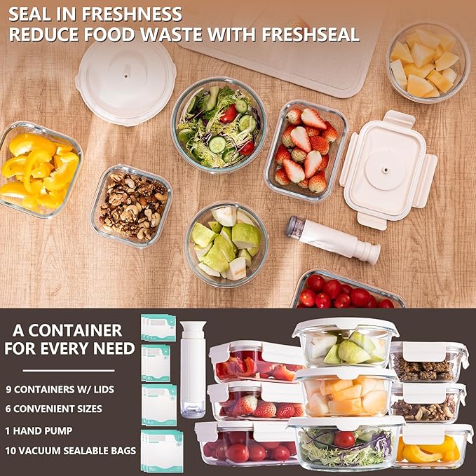 Glass Vacuum Sealable Container Set - 9 Pieces, 6 Sizes, Hand Pump, 10 Bags