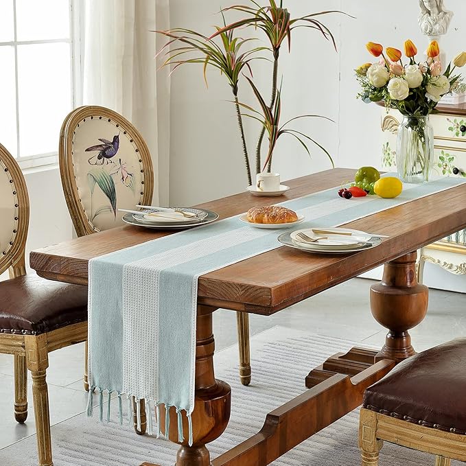 Wracra Linen Table Runner, Farmhouse Macrame Table Runners 60 Inches Long for Dining Table Decor, Wedding, Party and Dresser Decor (Aqua Blue,60")