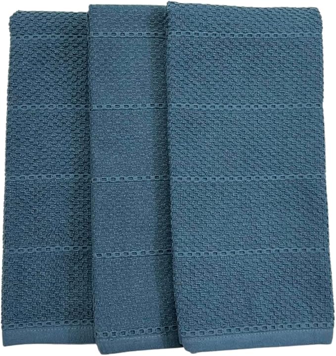 Serafina Home Teal Dark Blue Kitchen Dish Hand Towels 100% Cotton Cloth Soft Cleaning Drying Absorbent Terry: Set of 3 Multipurpose for Everyday Use Oversized 18" x 28"