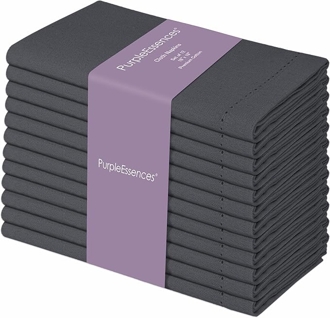 PurpleEssences Set of 12 Hemstitch Cloth Dinner Napkins 100% Cotton - Soft Durable Washable - Ideal for Wedding Spring Easter Summer - Perfect Everyday Use Table Linen 18x18 - Dark Gray